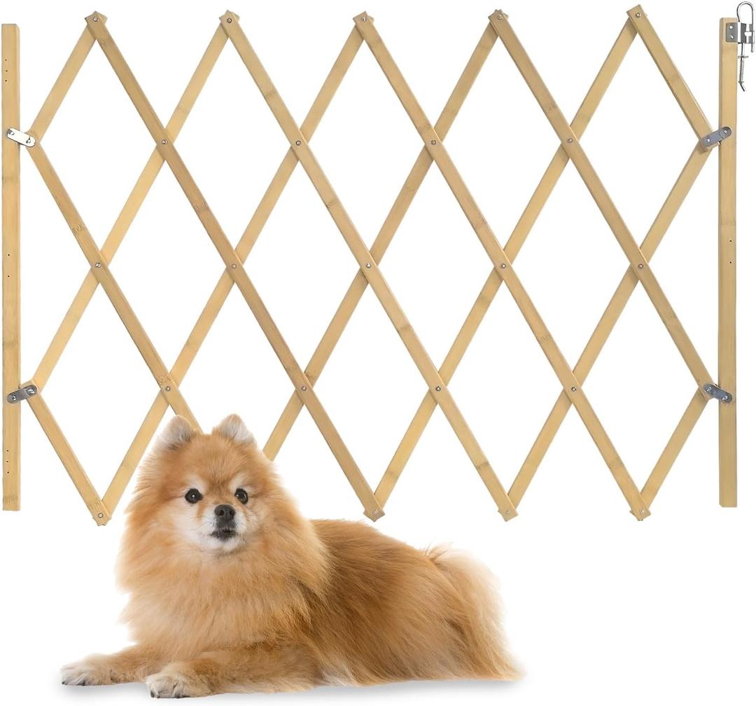 Expandable Wooden Dog Gate, Retractable Accordion Pet Gate, Small Medium Pet Dog Fence Safety Protection for Doorway Stairs Patio Garden Lawn