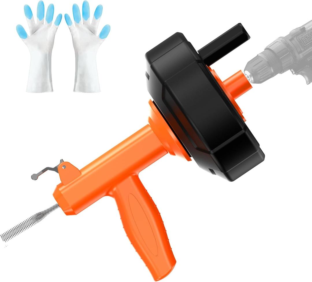 Drain Snake, Drain Auger with Drill Attachment, 25 Feet Plumbing Snake Auto Feed Flexible Hair Drain Clog Remover for Kitchen, Bathrom and Shower Sink with Gloves