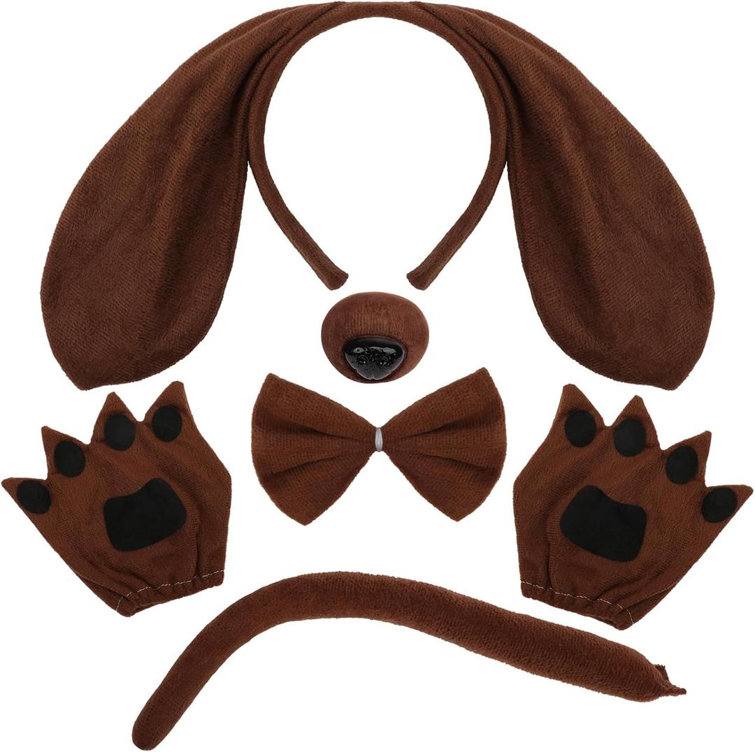 Coopay 5 Pieces Puppy Dog Costume Set Dog Ears Headband Nose Tail Bow Tie Paw Gloves Animal Costume for Carnival Halloween Cosplay Accessories (Brown)