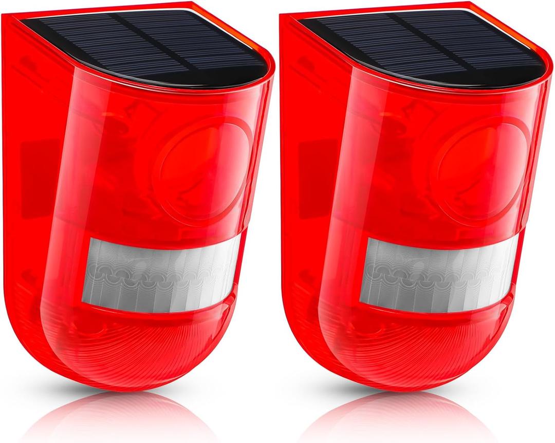 Qualirey 2 Pack Solar Sound and Light Alarm Motion Sensor 129db Outdoor Security Siren Waterproof Motion Activated Detector Alarm 6 LEDs Flash Warning Strobe System for Home, Farm (Red)