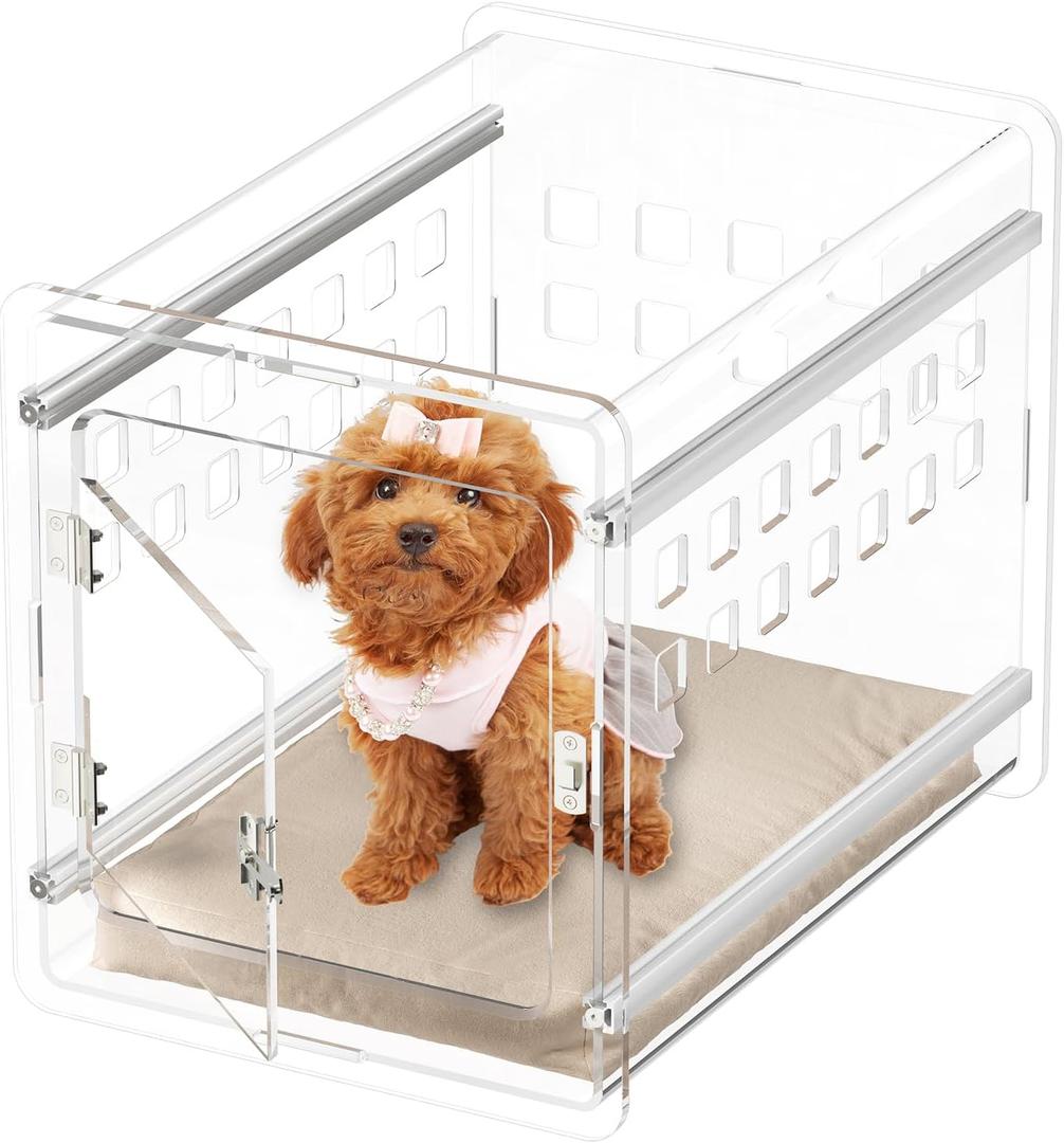 Sumerflos Clear Acrylic Dog Crate - Modern Dog Kennel Furniture, Indoor End Table Dog Crate Lockable Ventilated for Most Small Dog Cat Pet, 21.65" L x 15.74" W x 17.71" H