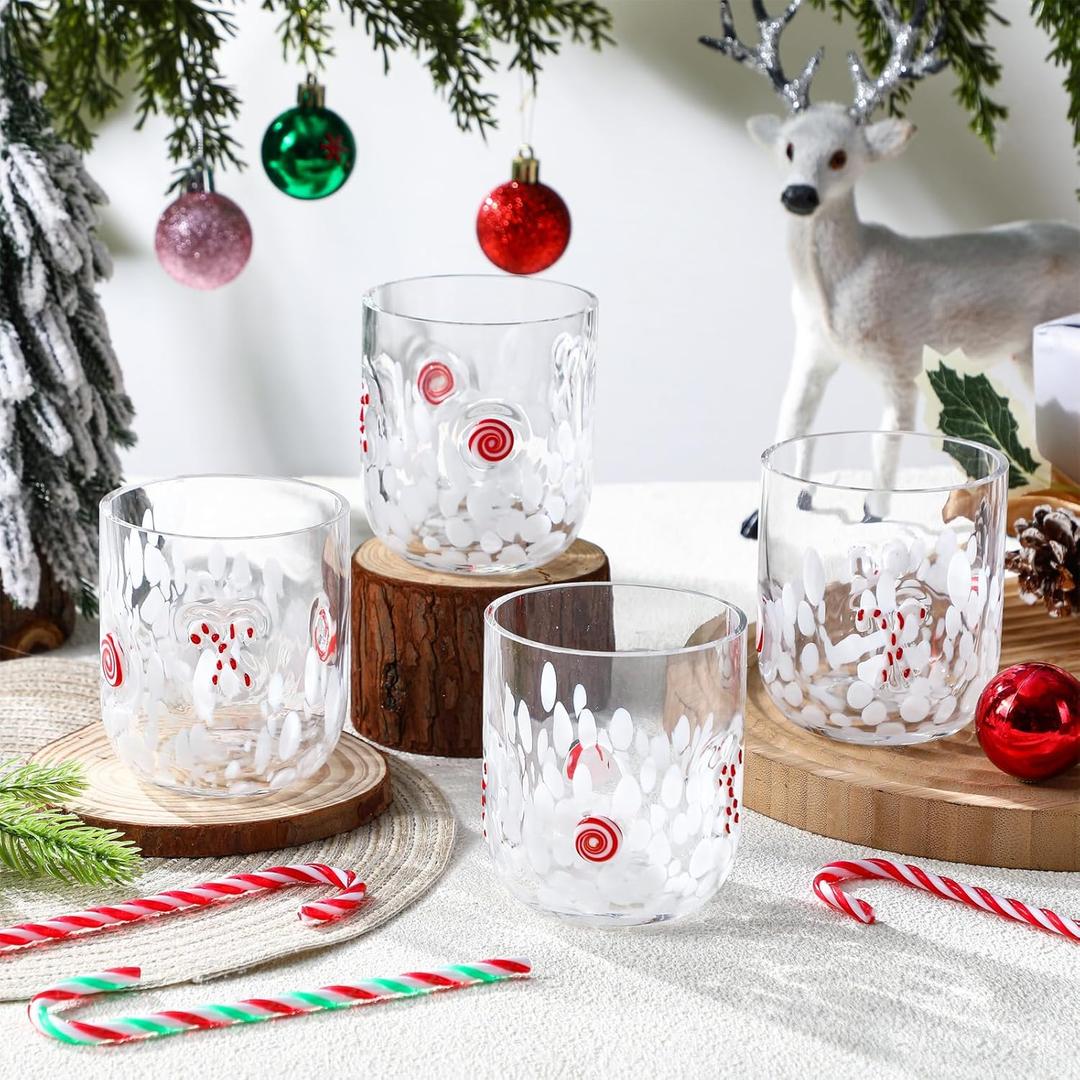Sunnychicc 2 Pcs Christmas Icon Glass Cups 12 oz Candy Cane Drinking Glassware Wine Stemless Double Old Fashioned Blown Cocktail Cups for Women Friends Lovely Christmas Gifts