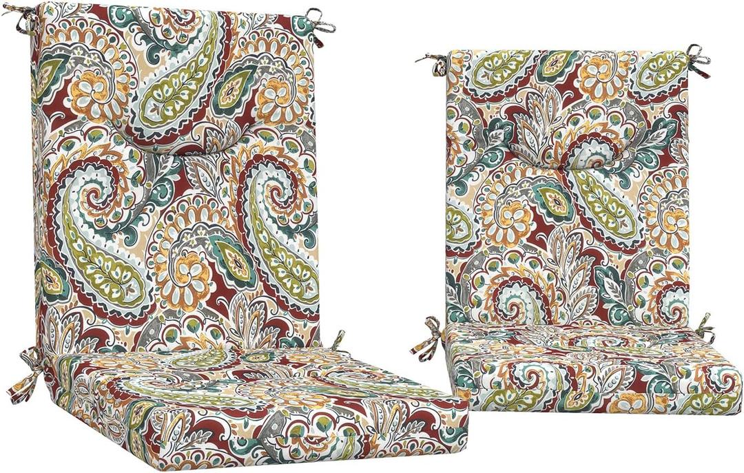 DYTXIII Outdoor High Back Chair Cushions Set of 2, 44x20 in Water Repellent Patio Seat Cushions with Elastic Sponge, All Weather Cushions for Rocking, Dining Chairs, Patio Furniture - Paisley Chilli, 44"x20"x2.5"