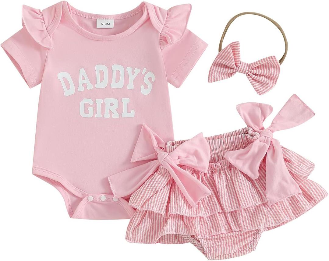 BeQeuewll Newborn Baby Girls Clothes Summer Daddys Girl Outfit Ruffle Romper Bow Tutu Shorts Heaband 3Pcs Girl Outfits (Pink, XS)