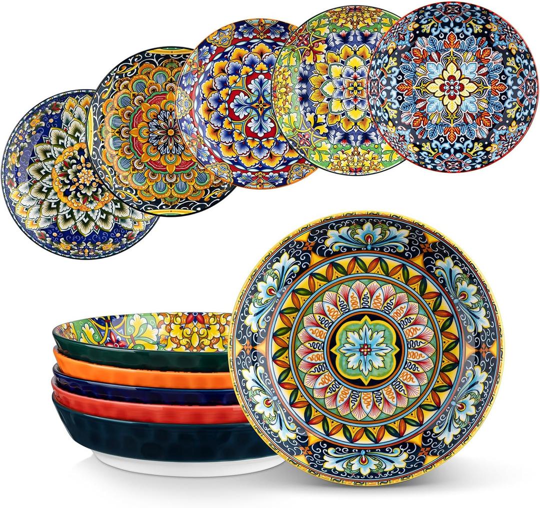 vancasso Pasta Bowls, Ceramic Salad Bowls Set of 6, 32 oz Large Corlorful Serving Bowls for Kitchen, Dishwasher & Microwave Safe Soup Bowls Set, Pasta Plates (Bohemian Style)