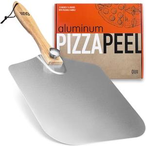 OUII Aluminum Pizza Peel Metal - 12 x 14 Inch. Pizza Spatula for Oven with Foldable Wood Handle. Pizza Oven Accessories Tools. Turning Peel, Bread, Pastry, Dough, Cake Spatula