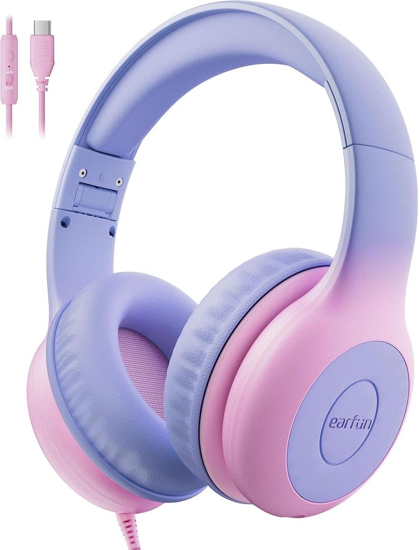 EarFun Kids Headphones Wired with Microphone, USB Type C Headphones for Kids, 85/94dB Volume Limit, Portable Wired Headphone with Shareport, Stereo Sound Foldable Headset for School/Tablet/PC/Kindle