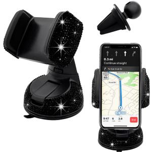 Bling Car Phone Holder, 360 Degree Adjustable Crystal Auto Dashboard Air Vent Cell Phone Mount, Universal Car Phone Holder Mount for Windshield Dashboard and Air Outlet (Black)