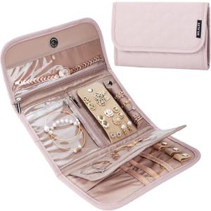 BELALIFE Travel Jewelry Case Organizer, Medium Foldable Storage Roll for Earrings, Necklaces, Rings, Bracelets, Brooches, Pink
