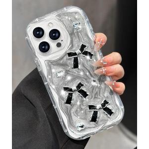 Toycamp for iPhone 15 Pro Case Cute - Women Girly Girls Glitter Phone Cover 15Pro Kawaii Sparkle Bling Shine Aesthetic Pretty Unique Wave Design Funda for Apple 15 Pro, Black Bowtie