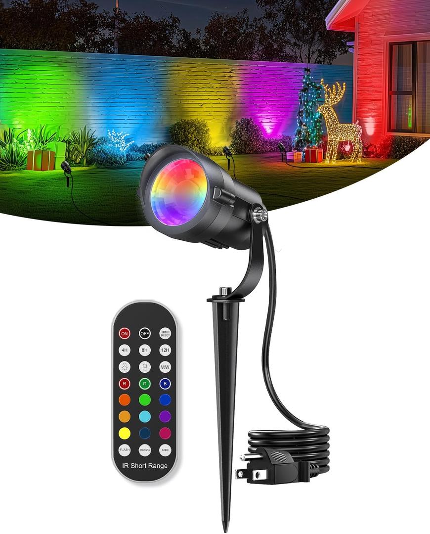 HIBOITEC 12W Christmas Spotlight Outdoor with Plug Timer Color Changing 120V Landscape Lighting Waterproof Dimmable LED Spot Light for Yard Christmas Outside House Garden Tree Decoration 1Pack