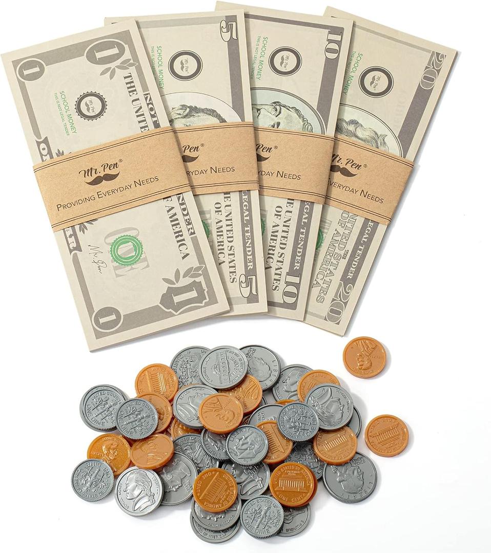 Mr. Pen - Play Money for Kids, 150 Pcs, Ages 3+, Realistic Fake Cash and Coins