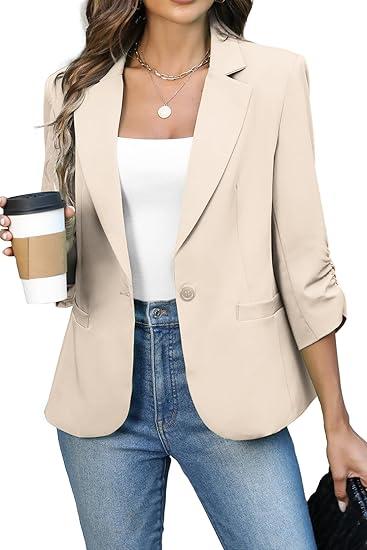 ELLEVEN Women's Ruched 3/4 Sleeve Blazers, Lightweight Slim Fit Jackets with Padded Shoulder for Business Casual,  XL ( BEIGE )