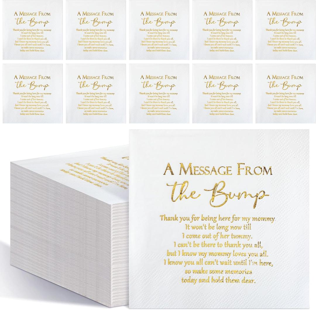 Colarr 100 Pcs Small Baby Shower Napkins 3 Ply 5 x 5 Inch Cocktail Napkins a Message from The Bump Disposable Gender Reveal Supplies with Gold Foil for Baby Welcome Party(White)