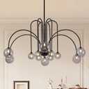 Modern Black Chandeliers Mid Century 12 Lights Sputnik Chandelier Large L52 Smoke Glass Globe Pendant Light Fixture for High Ceiling Foyer Staircase Living Dining Room