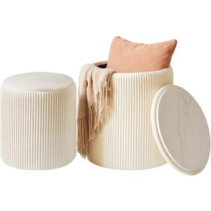 IBUYKE Storage Ottoman Set of 2 Round Ottoman for Dorm Vanity Stool with Storage Velvet Footrest Stool End Table Boucle Ottoman Seat White UWBD005W
