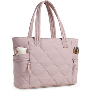 Prite Quilted Tote Bag for Women, Lightweight Puffer Tote with Zipper, Travel Work Nurse Gym Bag(Pink)