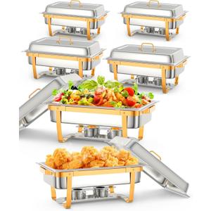 Chafing Dish for Buffet Set, 6 Packs 8 Qt Chafers and Buffet Warmers Sets with Folding Frame, Spoon & Tweezer for Weddings Parties Banquets Catering Events (Gold, 6 Pack)