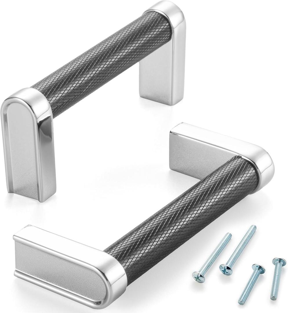 3 Inch Hole Centers, Black & Chrome Knurled Bar Kitchen Cabinet Pull Handle AP1312 | Pack of 5, Solid Hardware for Drawer, Dresser, Bathroom Vanity, Furniture Door, Cupboard, Bedroom, 3"