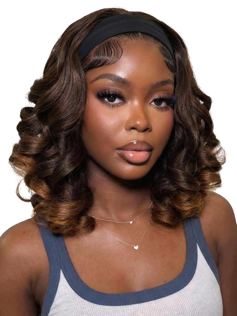 HANNE Curly Headband Wig 14 Inch Headband Wig Curly Synthetic Headband Wigs for Black Women Daily Use (Mixed Brown)