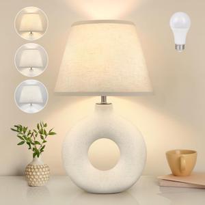 Boho Table Lamp for Living Room Bedroom, 21" Modern Ceramic Bedside Lamps 3 Color Temperature Farmhouse Rustic White Table Lights for Night Stands, Dorm, Office, Home Dcor (Bulb Included)