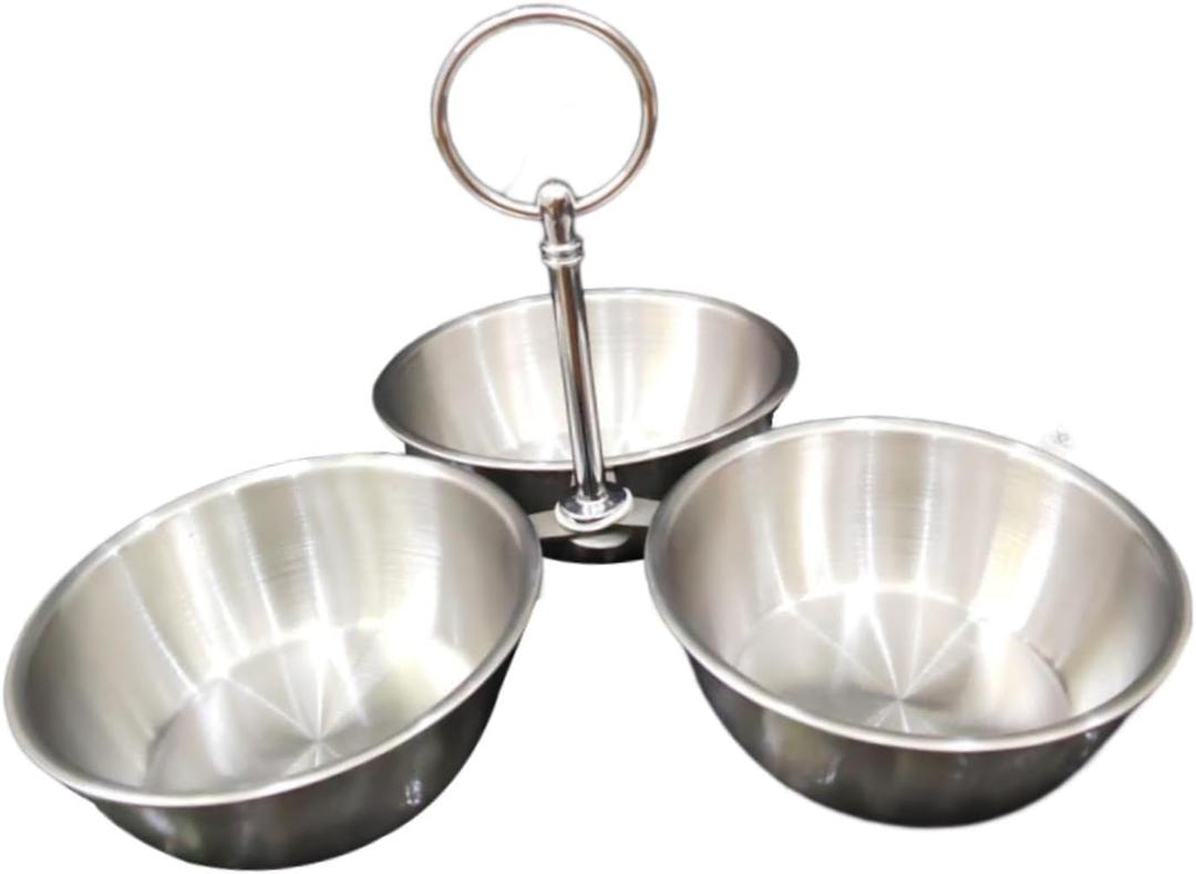Snack Serving Bowl, 3 Compartment Stainless Steel Snack Stand with Bowls, Divided Serving Tray for Candy Dessert Snacks, Silver