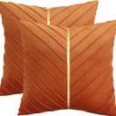 Tosleo Burnt Orange Velvet Throw Pillow Covers 20 x 20 inch Pack of 2 with Gold Leather Fall Decorative Couch Pillowcases Luxury Modern Pillow Cover for Living Room Bedroom Sofa Cushion Bed (20" x 20" (Pack of 2))