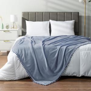 PAVILIA Fleece Throw Blanket for Couch with Pom Pom Fringe, Light Blue Dusty, Soft Cozy Fuzzy Flannel Blanket for Sofa Bed, Large Lightweight Plush All Season Throw, 60x80 Inches