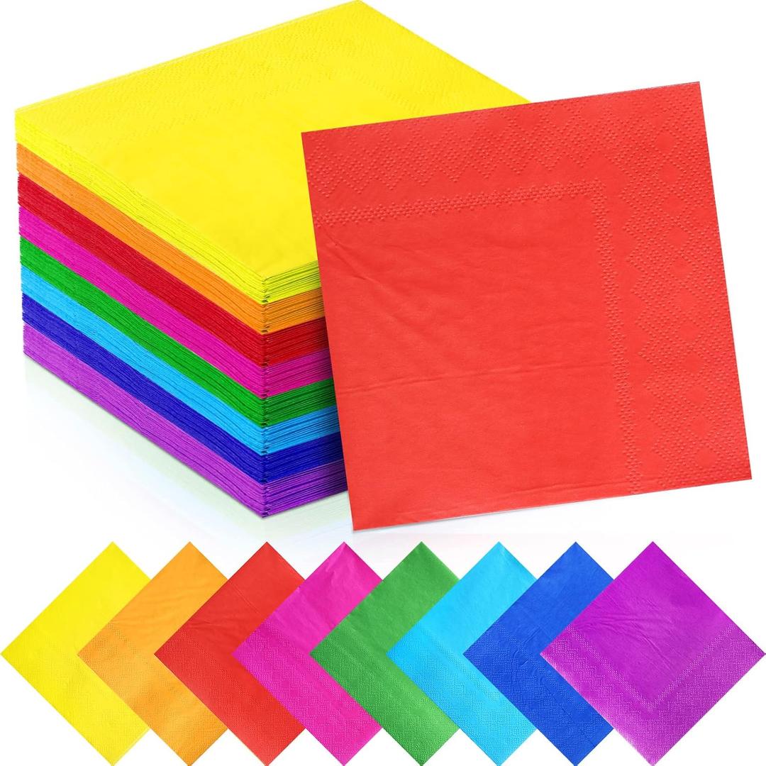 Yahenda 320 Pieces 8 Colors Rainbow Cocktail Napkin Disposable Beverage Paper Assorted Colors Party Napkins for Wedding Dinner Brithday Dessert Candy Party(10 x 10 Inches,Colorful)