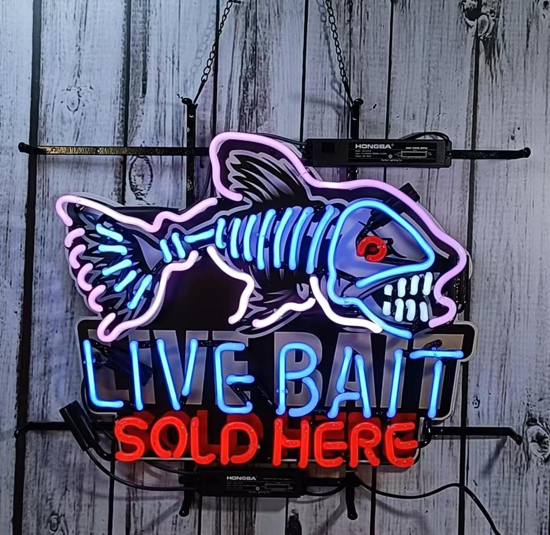 Neon Signs Beer Bar Bedroom Live Bait Sold Here Glass Neon Signs for Office Hotel Pub Cafe Party Man Cave Neon Light Art Wall Lights 24 X 20 Inches