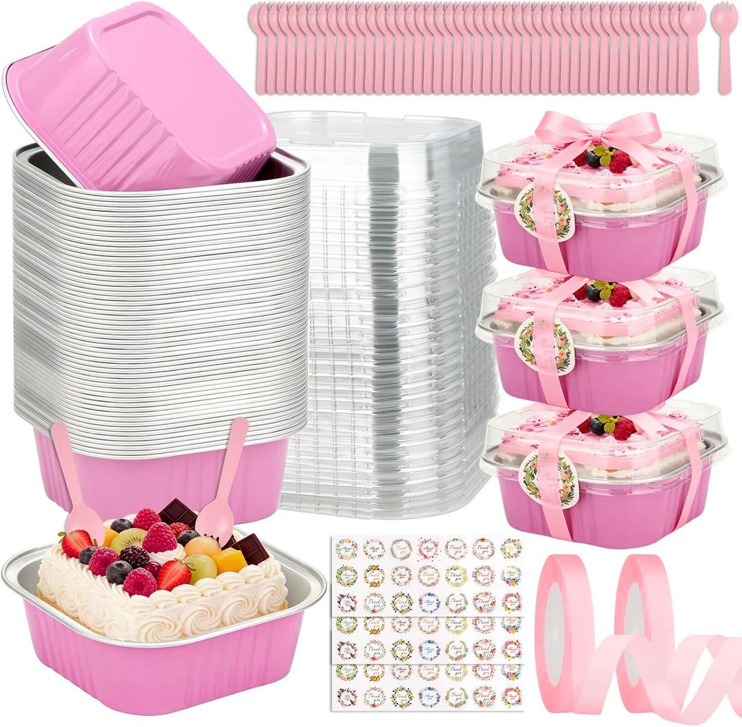 245 PCS 10 oz Mini Cake Pans with Lids, 60 Pack 4.4x4.4 Large Aluminium Foil Pan Mini Cake Tins with Lids and Spoons, Square Individual Baking Pan Cup for Wedding Birthday Party Picnics