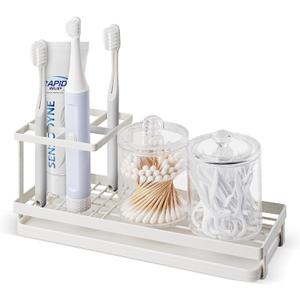 MYITYARD Toothbrush Holders for Bathrooms, 4 Slots Rustproof Metal Tooth Brushing Organizer with Drainage, Electric Tooth Brush Toothpaste Holder for Bathroom Countertop, White