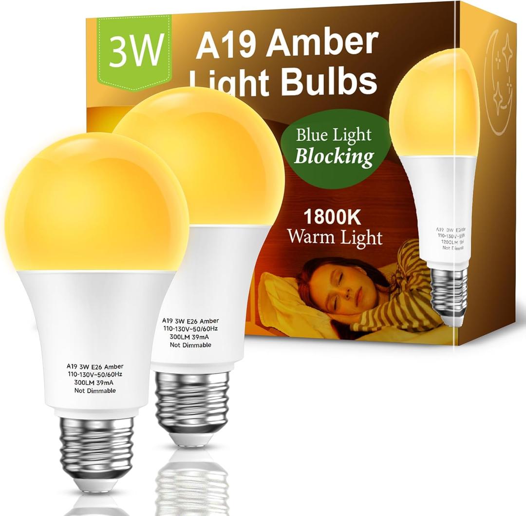 Amber Sleep Light Bulbs: 3W Amber Warm Light Bulb 1800K, Blue Light Blocking Dim Light Bulbs 40W Equivalent, E26 Bulbs for Mood Soothing, Bedroom and Baby Nursery, 2 Pack