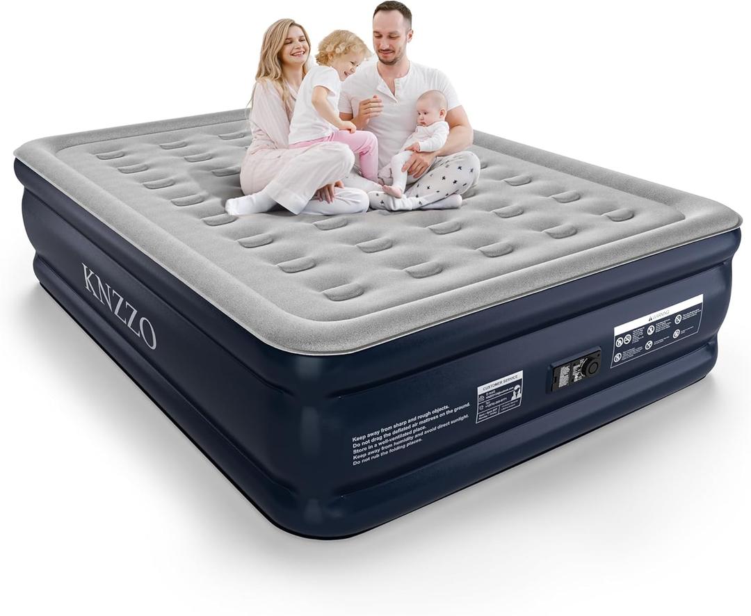 KNZZO Queen Air Mattress with Built-in Pump, 18" Top Inflatable Mattress with Waterproof Flocking Fabric, Three-Minute Quick-Inflatable Bed. Portable Blow Up Mattress for Home, Outdoor and Guests