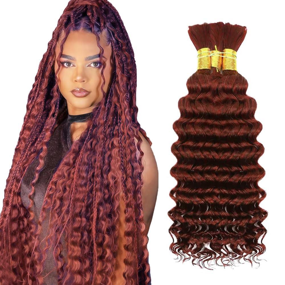 #33 Auburn Brown Braiding Human Hair for Boho Braiding Human hair 3 Bundles 28 28 28 Inch Reddish Brown Deep Wave Boho Hair for Bulk Braiding Knotless Bohemian Hair Extensions150g