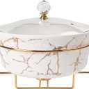 Ceramic Casserole Dish with Glass Lid and rack, 2.6 Quart Serving Soup Tureen,Chafing Dish for Buffet, Family Food preserve Tray, Catering Casserole for Party Style,11.2 Inch (Round)
