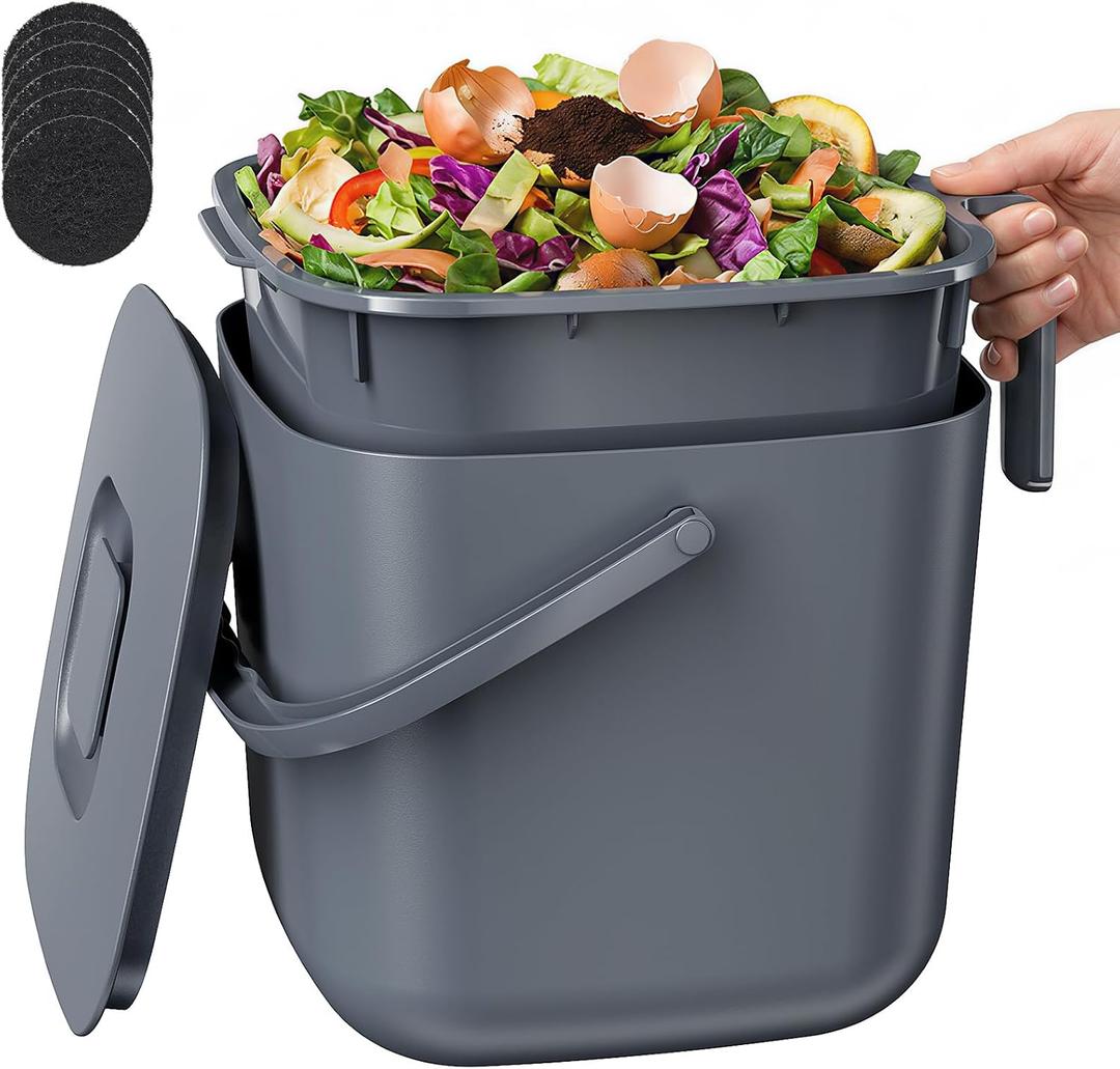 5.4L Kitchen Food Waste Bin with Lid & Handles, Indoor Compost Bucket Includes Inner Bucket Liner and Carbon Filter, Gray