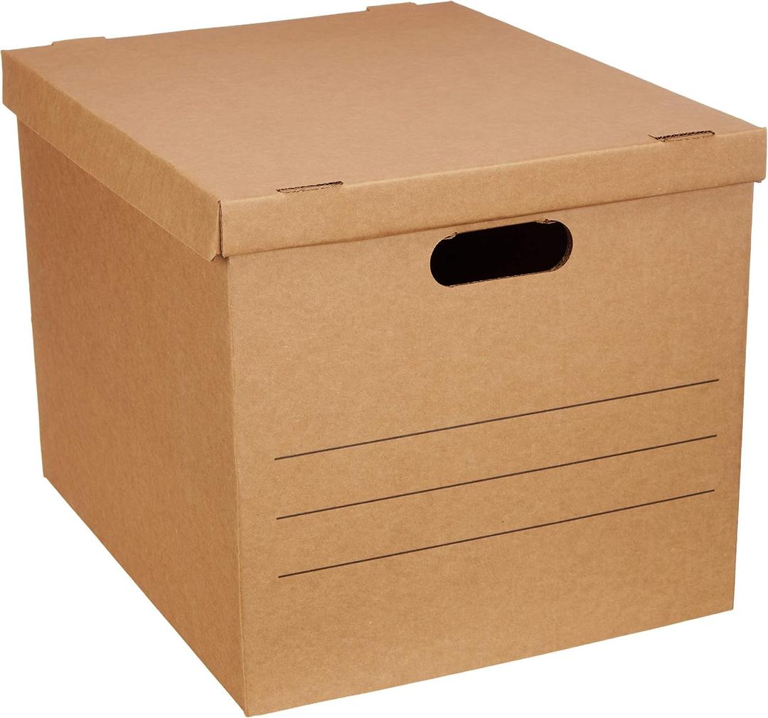 Amazon Basics Moving and Storage Boxes with Handles and Lift-Off Lids, Medium, 19" x 14.5" x 15.5", Brown, 10-Pack