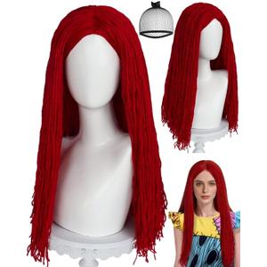 ANOGOL Hair Cap+Sally Wig Sally Cosplay Costume Wigs Long Straight Dark Red Yarn Wig Red Cosplay Wigs Nightmare Cartoon Anime Outfit for Halloween Party Birthday Party Costume for Women