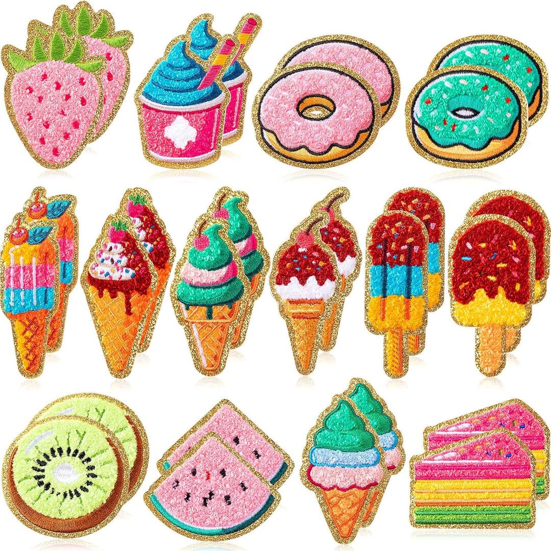 WILLBOND 28 Pcs Dessert and Fruit Chenille Patches, Self Adhesive Cute Ice Cream Candy Stickers for Crafts, Notebook Decorations, Party Setups, Stationery DIY, Baking-Themed Parties Women Gifts