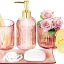 Designer Pink Glass Bathroom Accessories Sets - 4 Pcs with Lotion Soap Dispenser, Bathroom Toothbrush Holder, Vanity Tray, and Apothecary Jar, Vintage Bathroom Decor