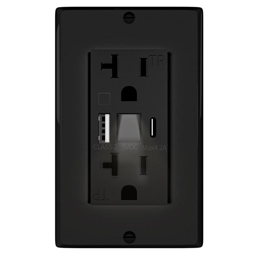 20A USB Outlet with LED Night Light, Electrical Wall Outlet with Type A and Type C USB Charging Ports,Tamper-Resistant Wall Outlets, Wall Plate for Phone Tablet and Cameras Black (1, Black)