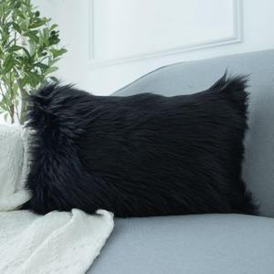 LIGICKY Decorative Lumbar Soft Faux Fur Throw Pillow Cover Luxury Series Rectangle Plush Pillow Case Cushion Cover for Couch Sofa Bed, 12" x 20" Black