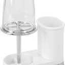 mDesign Plastic Toothpaste and Toothbrush Holder Center with Cup/Cover - Organizer for Bathroom Vanity Countertop - Holds Paste, Floss, Accessories - Hyde Collection - White/Chrome