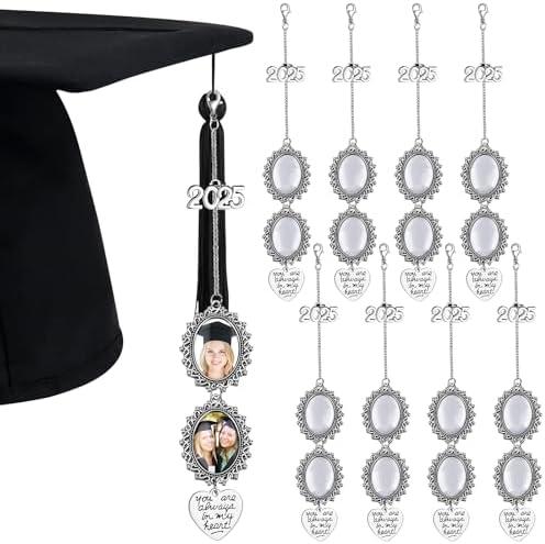 Sureio 8 Pcs Graduation Cap Memorial Photo Charm Tassel Charms for 2025 Tassel Charm Memorial Photo Class Decorations Graduation Gifts to the Cap Topper(Silver)
