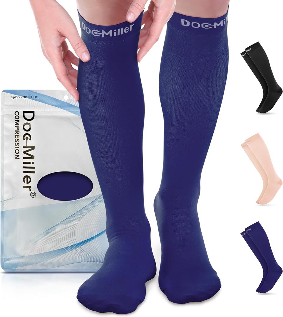 Doc Miller Compression Socks for Women and Men - 15-20mmHg - Graduated Compression Socks for Improved Circulation, Varicose Veins and Shin Splints (Large, Dark Blue)
