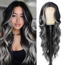 Long Wavy Wig with Lace Hairline 26 Inch Middle Part Curly Women's Charming Wigs Synthetic Heat Resistant Fibers Wig for Daily Wear and Party Use (Black Mixed Blonde)