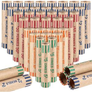 512 Pieces Assorted Coin Wrappers Rolls Preformed Coin Wrappers Coin Rollers Coin Paper Rolls Coin Wrapping Tubes Includes 128 Quarters, 128 Pennies, 128 Nickels and 128 Dimes for Bank and Office