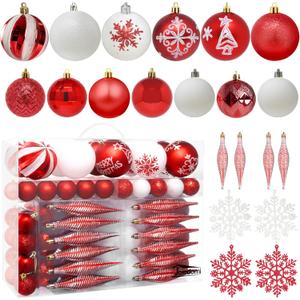 Joiedomi 133 Pcs Red & White Assorted Christmas Ornaments, Shatterproof Christmas Balls Ornaments, Xmas Hanging Decor for Tree Wreath Garland Holidays Indoor/Outdoor Party and Events