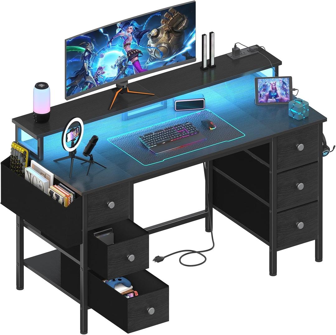 Lufeiya Gaming Desk with LED Lights and Power Outlets, 47 inch Computer Desk with Fabric Drawers & Storage Shelves, Home Office Desk with Monitor Stand, Black